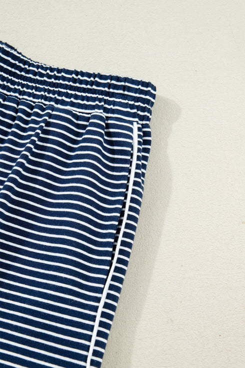 Striped Drop Shoulder Cotton Blend Tee And Shorts Lounge Set