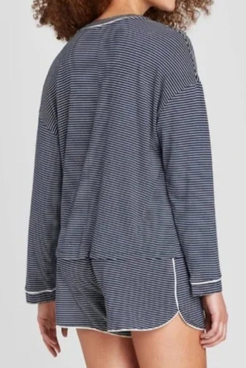 Striped Drop Shoulder Cotton Blend Tee And Shorts Lounge Set