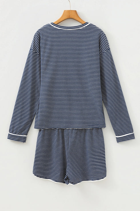 Striped Drop Shoulder Cotton Blend Tee And Shorts Lounge Set
