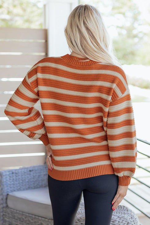 Striped Drop Shoulder Crew Neck Knit Sweater