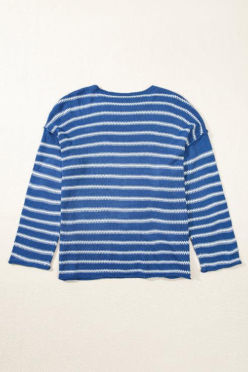 Striped Drop Shoulder Crewneck Pullover Knit Sweater