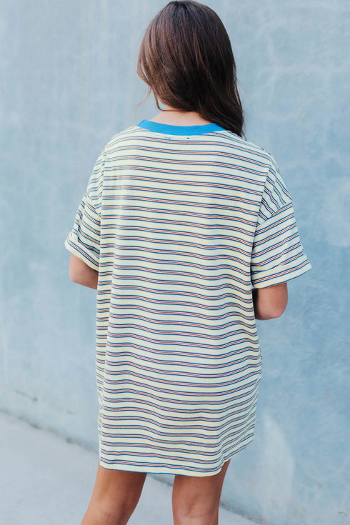 Striped Drop Shoulder Cuffed Sleeve Tunic T Shirt Dress