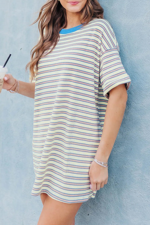 Striped Drop Shoulder Cuffed Sleeve Tunic T Shirt Dress