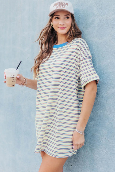 Striped Drop Shoulder Cuffed Sleeve Tunic T Shirt Dress