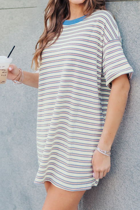 Striped Drop Shoulder Cuffed Sleeve Tunic T Shirt Dress
