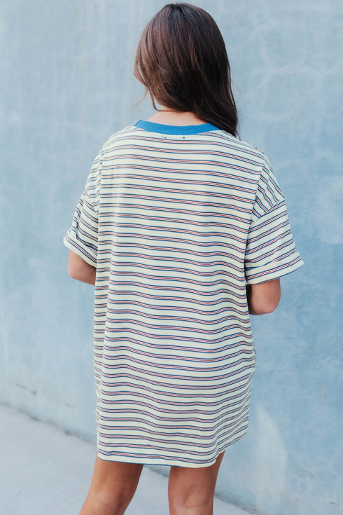 Striped Drop Shoulder Cuffed Sleeve Tunic T Shirt Dress