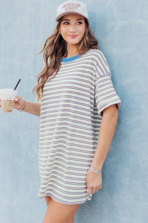 Striped Drop Shoulder Cuffed Sleeve Tunic T Shirt Dress