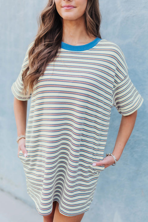 Striped Drop Shoulder Cuffed Sleeve Tunic T Shirt Dress