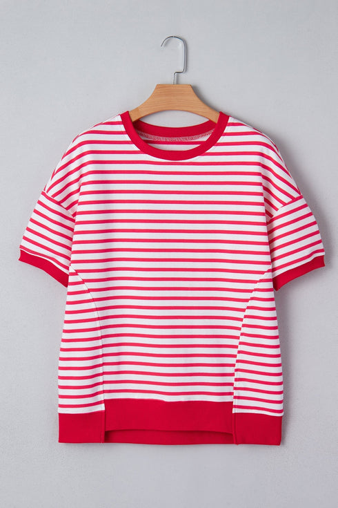 Striped Drop Shoulder Half Sleeve Cotton Stretch Casual Tee