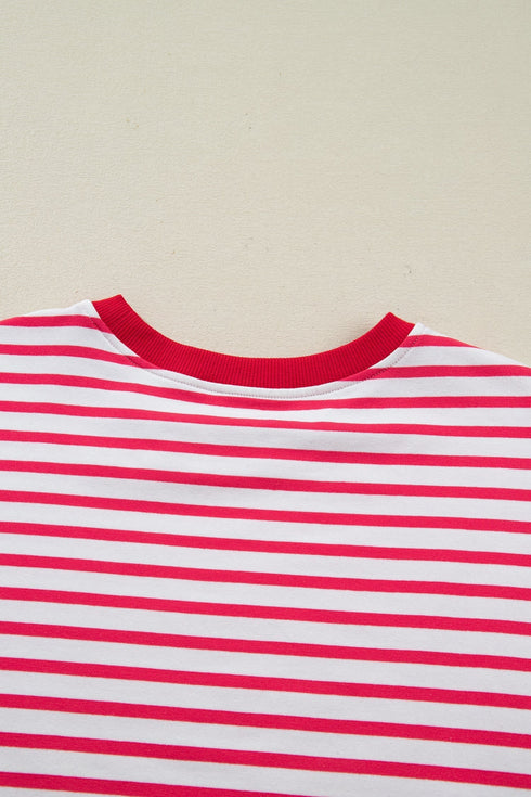 Striped Drop Shoulder Half Sleeve Cotton Stretch Casual Tee