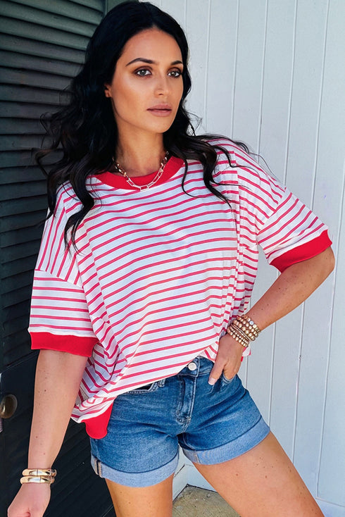 Striped Drop Shoulder Half Sleeve Cotton Stretch Casual Tee