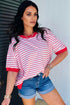 Striped Drop Shoulder Half Sleeve Cotton Stretch Casual Tee