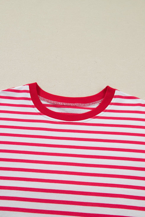 Striped Drop Shoulder Half Sleeve Cotton Stretch Casual Tee