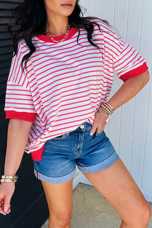 Striped Drop Shoulder Half Sleeve Cotton Stretch Casual Tee