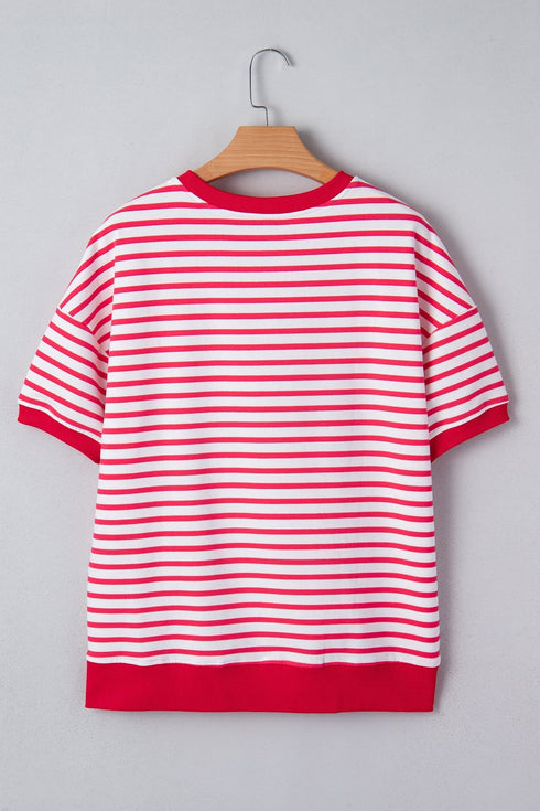 Striped Drop Shoulder Half Sleeve Cotton Stretch Casual Tee