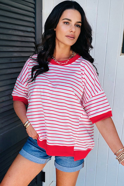 Striped Drop Shoulder Half Sleeve Cotton Stretch Casual Tee