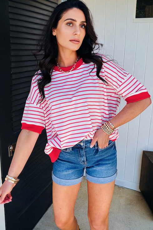 Striped Drop Shoulder Half Sleeve Cotton Stretch Casual Tee