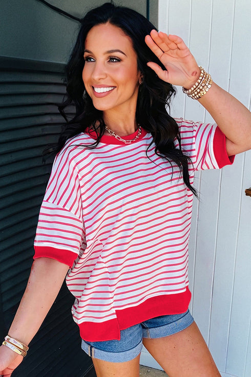 Striped Drop Shoulder Half Sleeve Cotton Stretch Casual Tee
