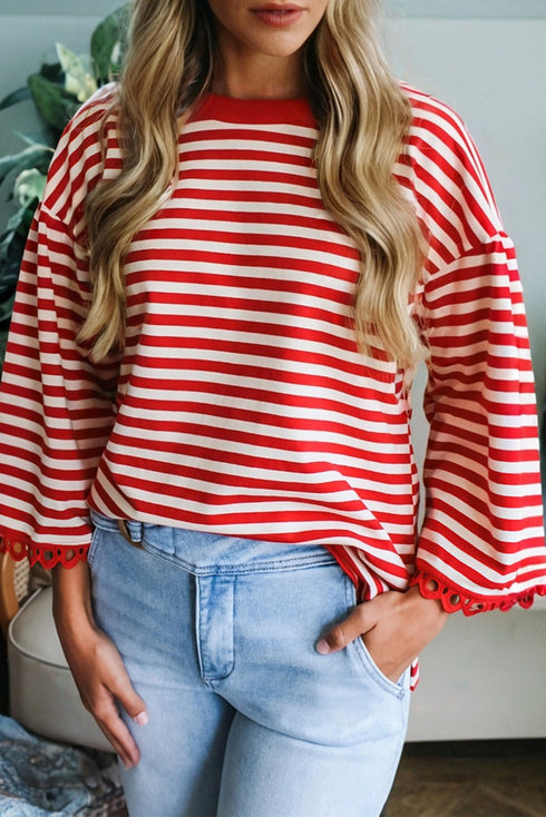 Striped Drop Shoulder Lace Trim Bracelet Sleeve Top