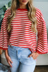 Striped Drop Shoulder Lace Trim Bracelet Sleeve Top