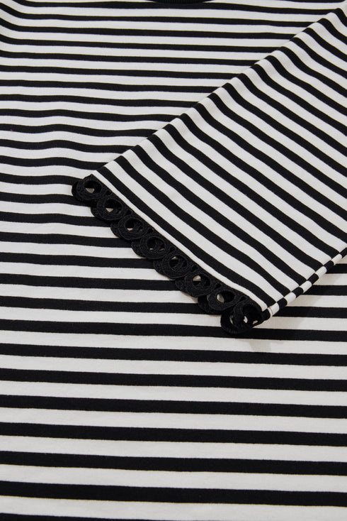 Striped Drop Shoulder Lace Trim Bracelet Sleeve Top