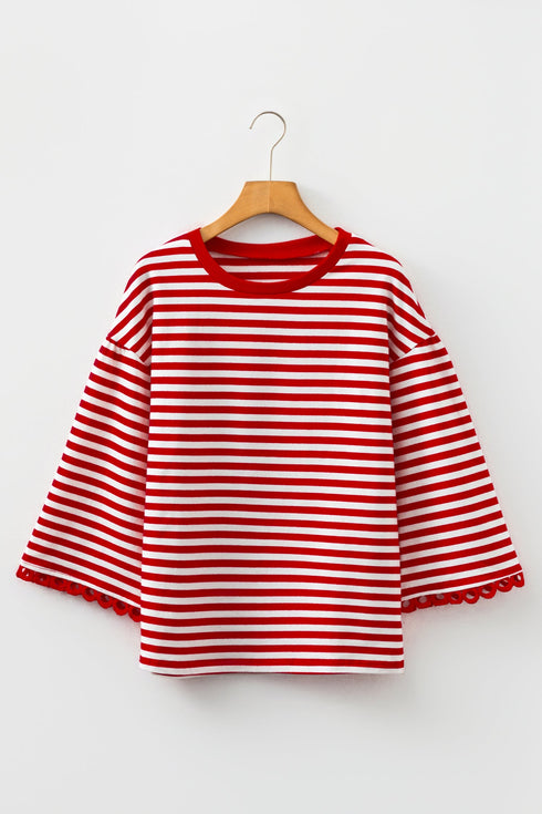 Striped Drop Shoulder Lace Trim Bracelet Sleeve Top