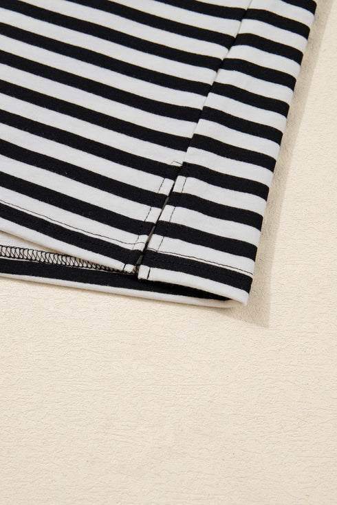 Striped Drop Shoulder Lace Trim Bracelet Sleeve Top