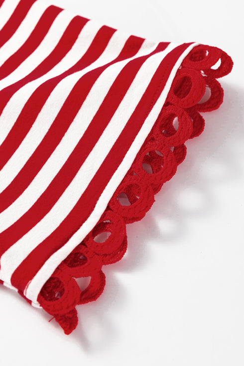 Striped Drop Shoulder Lace Trim Bracelet Sleeve Top