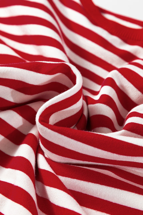 Striped Drop Shoulder Lace Trim Bracelet Sleeve Top