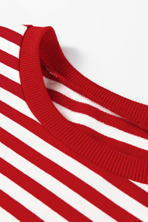 Striped Drop Shoulder Lace Trim Bracelet Sleeve Top