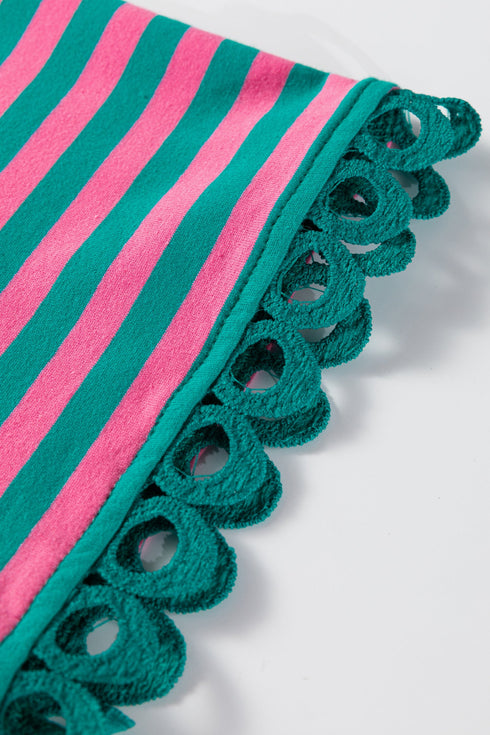 Striped Drop Shoulder Lace Trim Bracelet Sleeve Top