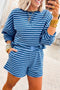 Striped Drop Shoulder Long Sleeve Pullover Short Set