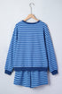 Striped Drop Shoulder Long Sleeve Pullover Short Set