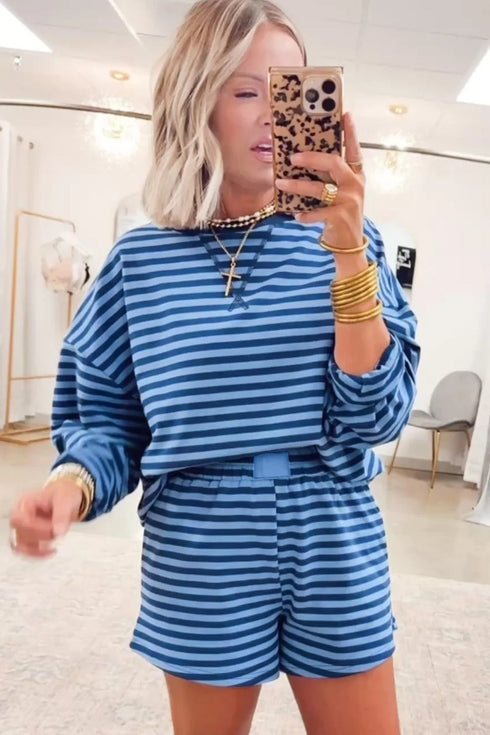 Striped Drop Shoulder Long Sleeve Pullover Short Set