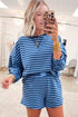 Striped Drop Shoulder Long Sleeve Pullover Short Set