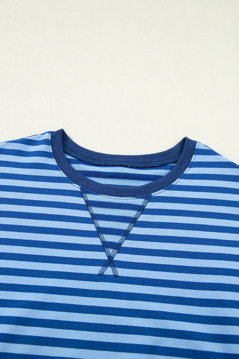 Striped Drop Shoulder Long Sleeve Pullover Short Set