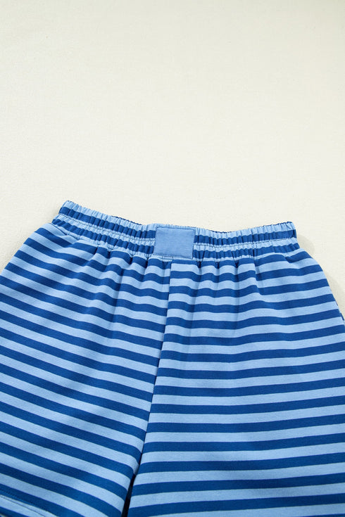 Striped Drop Shoulder Long Sleeve Pullover Short Set