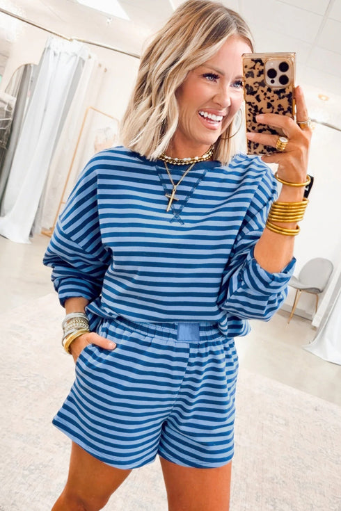 Striped Drop Shoulder Long Sleeve Pullover Short Set