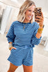 Striped Drop Shoulder Long Sleeve Pullover Short Set