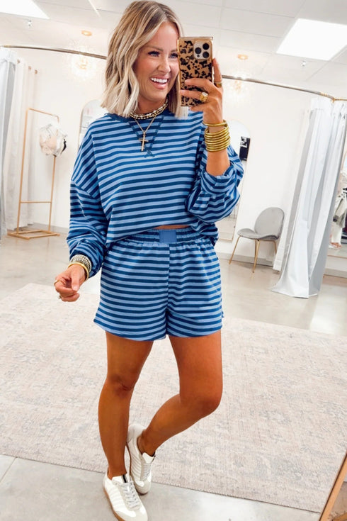 Striped Drop Shoulder Long Sleeve Pullover Short Set