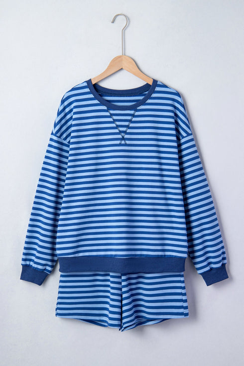 Striped Drop Shoulder Long Sleeve Pullover Short Set