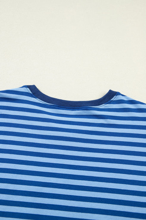 Striped Drop Shoulder Long Sleeve Pullover Short Set