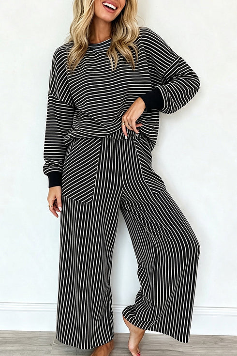 Striped Drop Shoulder Relaxed Pullover Two Piece Pant Set