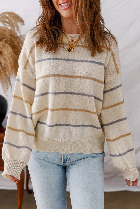 Striped Drop Shoulder Ribbed Edge Crewneck Pullover Sweater