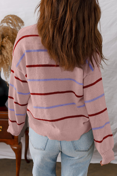 Striped Drop Shoulder Ribbed Edge Crewneck Pullover Sweater
