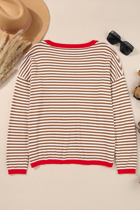 Striped Drop Shoulder Ribbed Trim Pullover Sweater