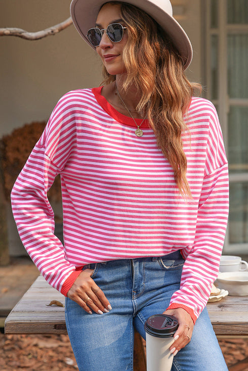 Striped Drop Shoulder Ribbed Trim Pullover Sweater