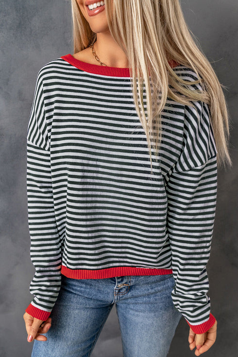 Striped Drop Shoulder Ribbed Trim Pullover Sweater