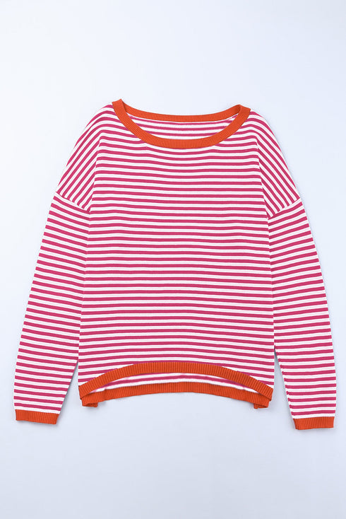 Striped Drop Shoulder Ribbed Trim Pullover Sweater