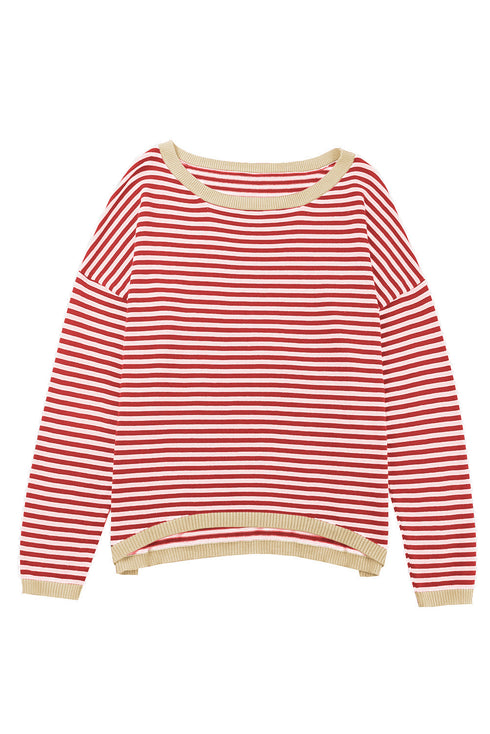 Striped Drop Shoulder Ribbed Trim Pullover Sweater